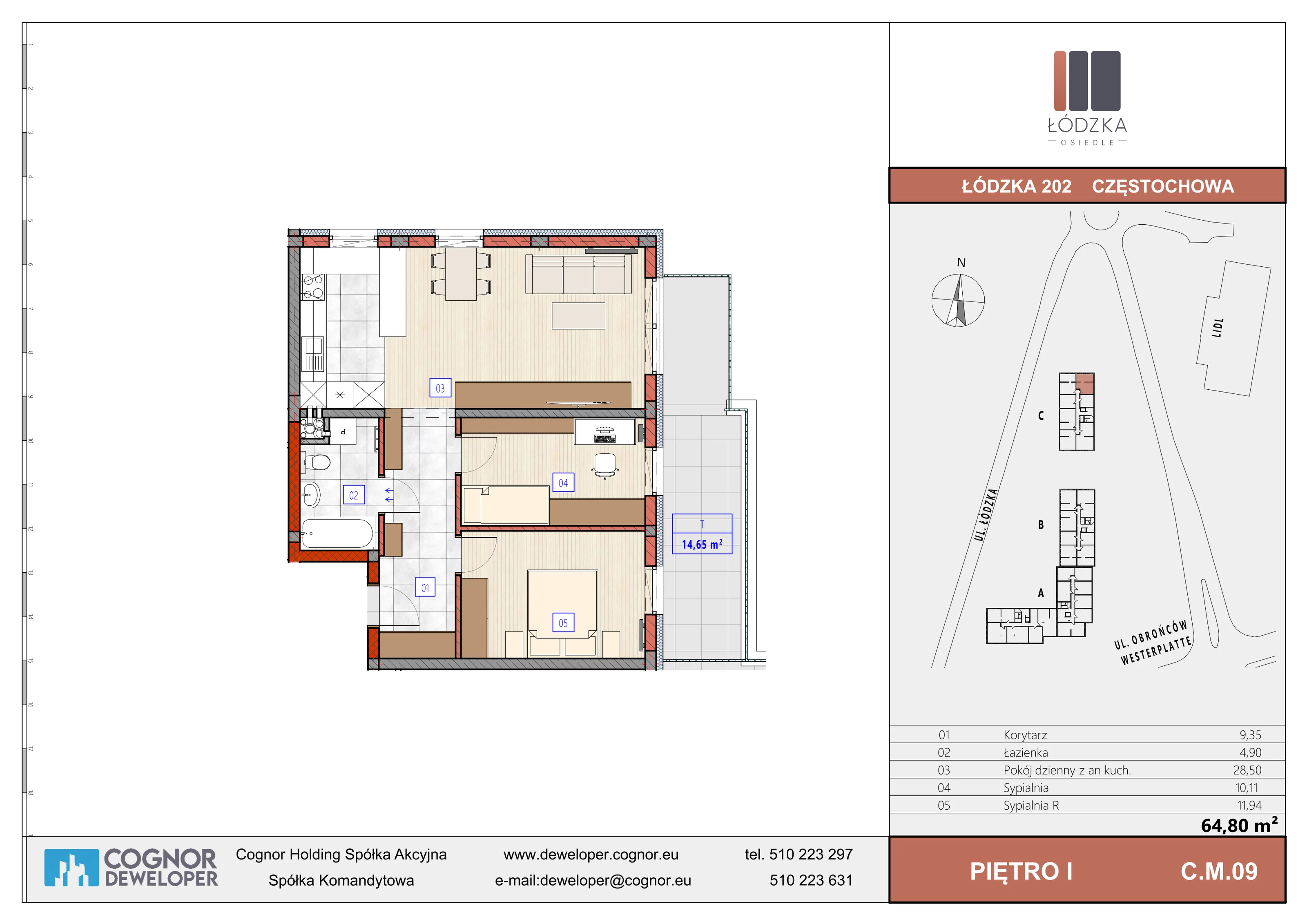 3 pokoje, mieszkanie 64,80 m², piętro 1, oferta nr C.M.09, Łódzka Osiedle, Częstochowa, Częstochówka-Parkitka, ul. Łódzka 198, 200, 202